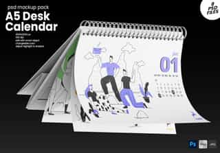 A5 Landscape Desk Calendar PSD Mockup Set